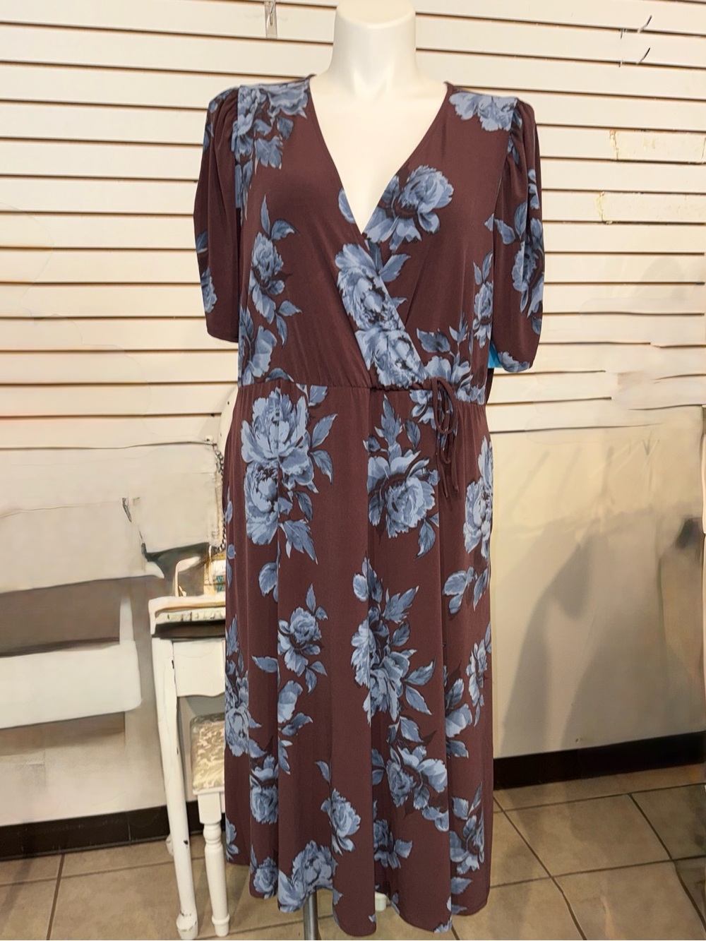 Women's Brown Floral Wrap Dress with Blue Roses